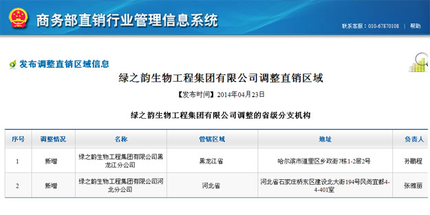 綠之韻獲國家商務部批準，新增黑龍江、河北兩省直銷區(qū)域